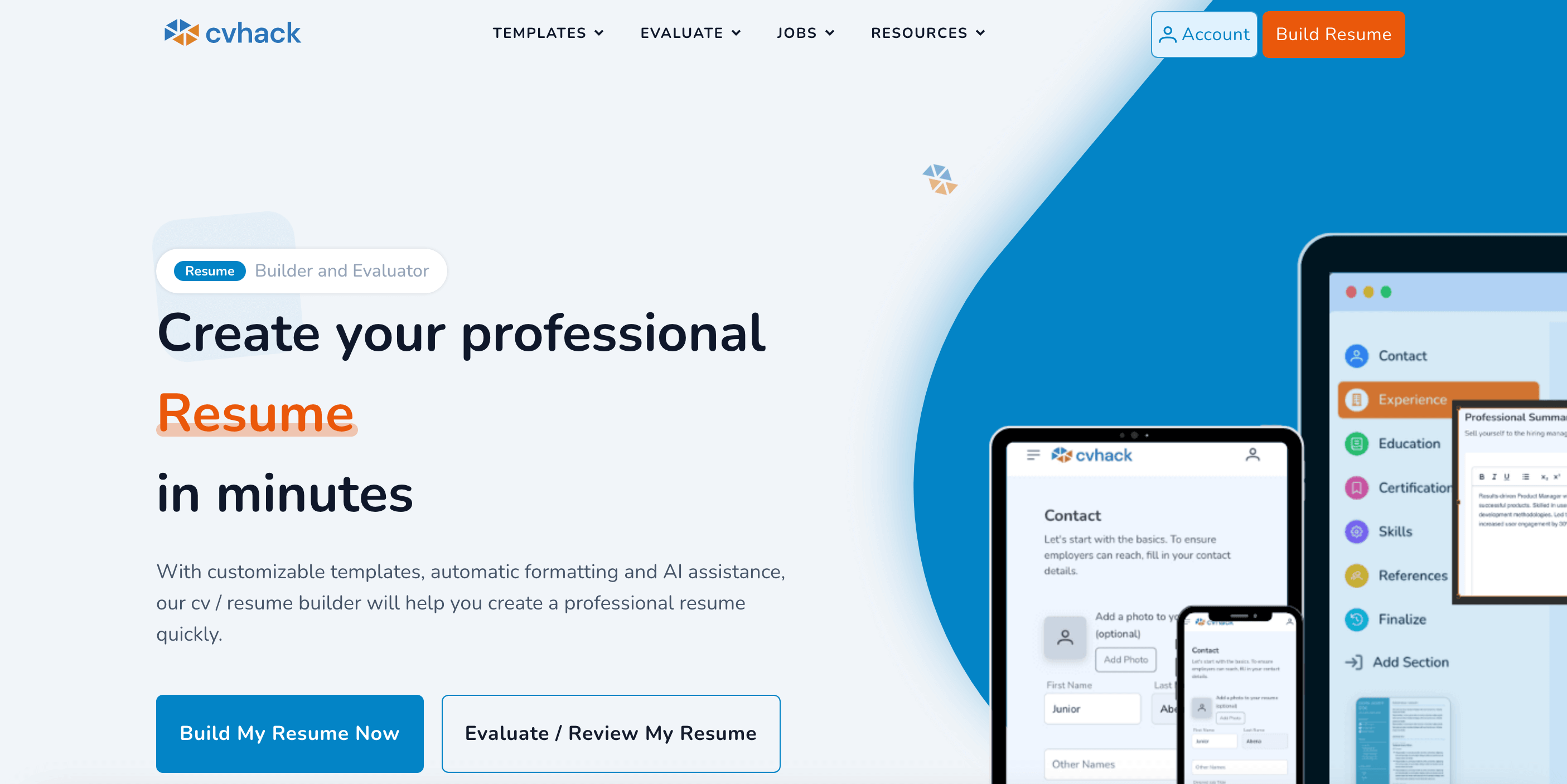 CVHack resume builder interface